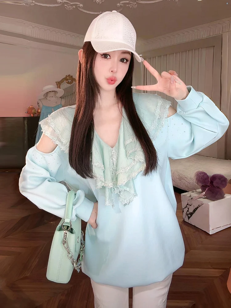 

Shoulder Bared Sweatshirt And Casual Pants with Lace Splicing Spring New Arrival European Style Two Piece Set for Women