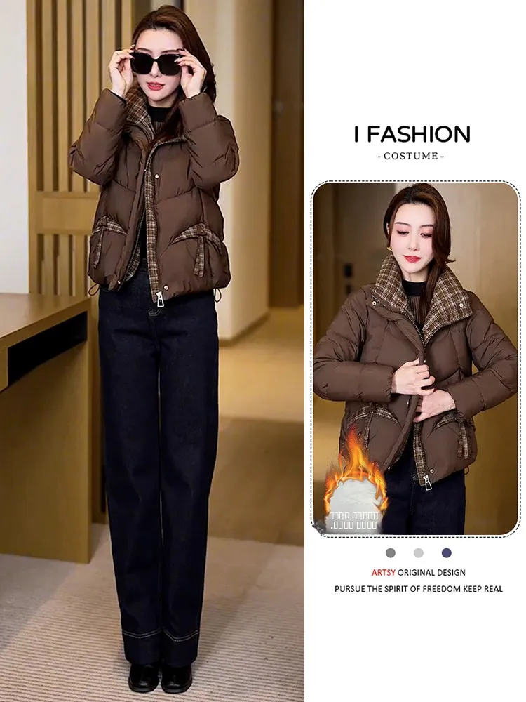 

Зимняя утепленная хлопковая куртка в клетку для женщин, на флисовой подкладке, с пуховым наполнителем, комбинированная, теплая, удобная, в корейском стиле, верхняя одежда
