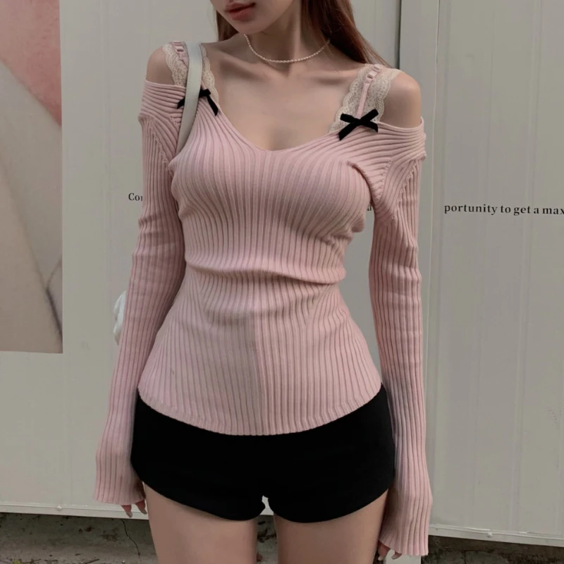 Fake Two-piece Strapless Bow Sexy Long-sleeved Sweater Women 2024 Spring New Korean Contrast Color Lace Splicing Knitted Tops