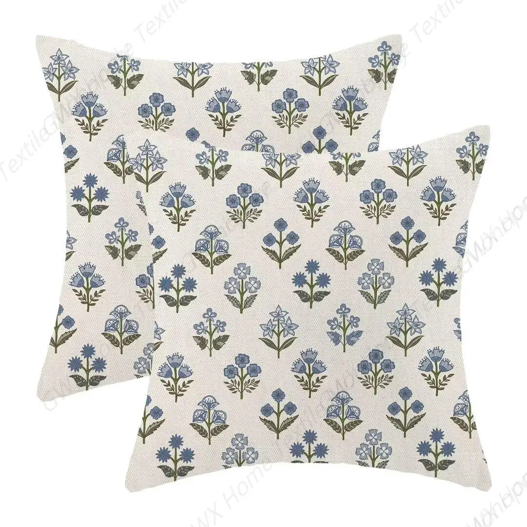 Block Print Floral Pillow Covers 18 X 18 Inch Set of 2, Blue Green Vintage Flower Decorative Throw Pillow Covers