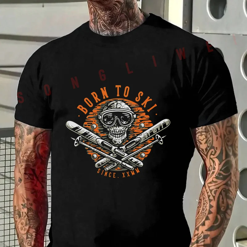 

Born To Ski Skull Design Motorcycle T-Shirt Men's Summer Casual Fashion Short Sleeve Tshirt Tops Tee