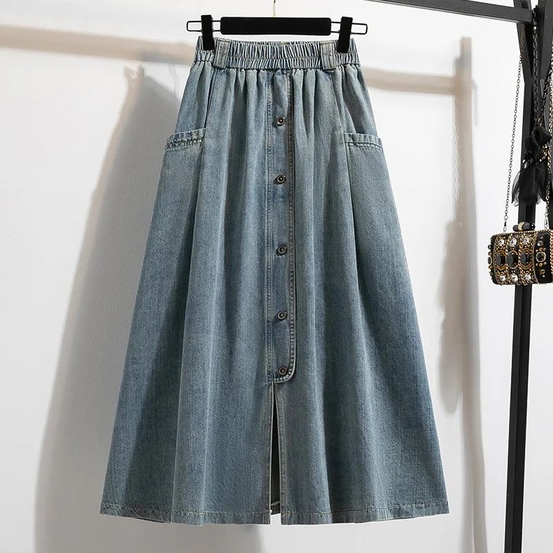Solid Color Denim Wash Spring and Autumn Outfit 2026 Plus Size Fashionable Design, Slightly Chubby and Slimming Denim Skirt Womn