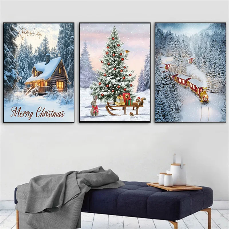 Merry Christmas Wall Art Canvas Painting Winter Snow Forest Fawn Mountain Cabin Print Posters for Bedroom Holiday Home Decor