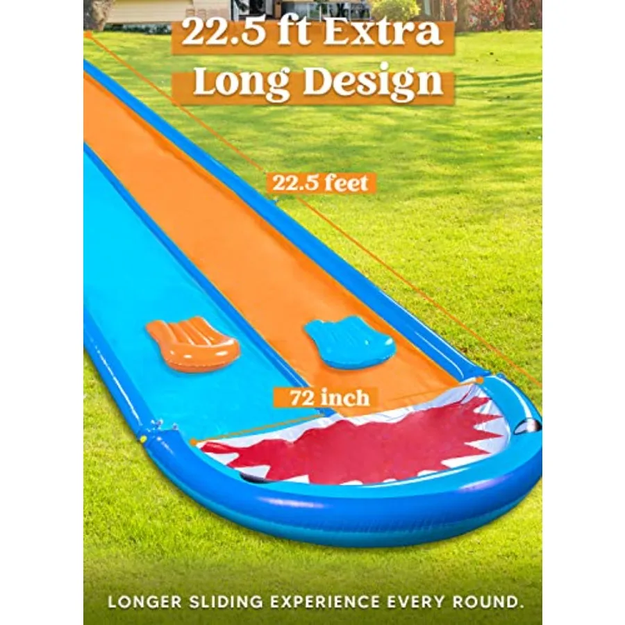 Sloosh Shark Double toboggan aquatique 22,5 pieds glissement et toboggan pour pelouse robuste avec arroseur et 2 planches gonflables antidérapantes pour Par