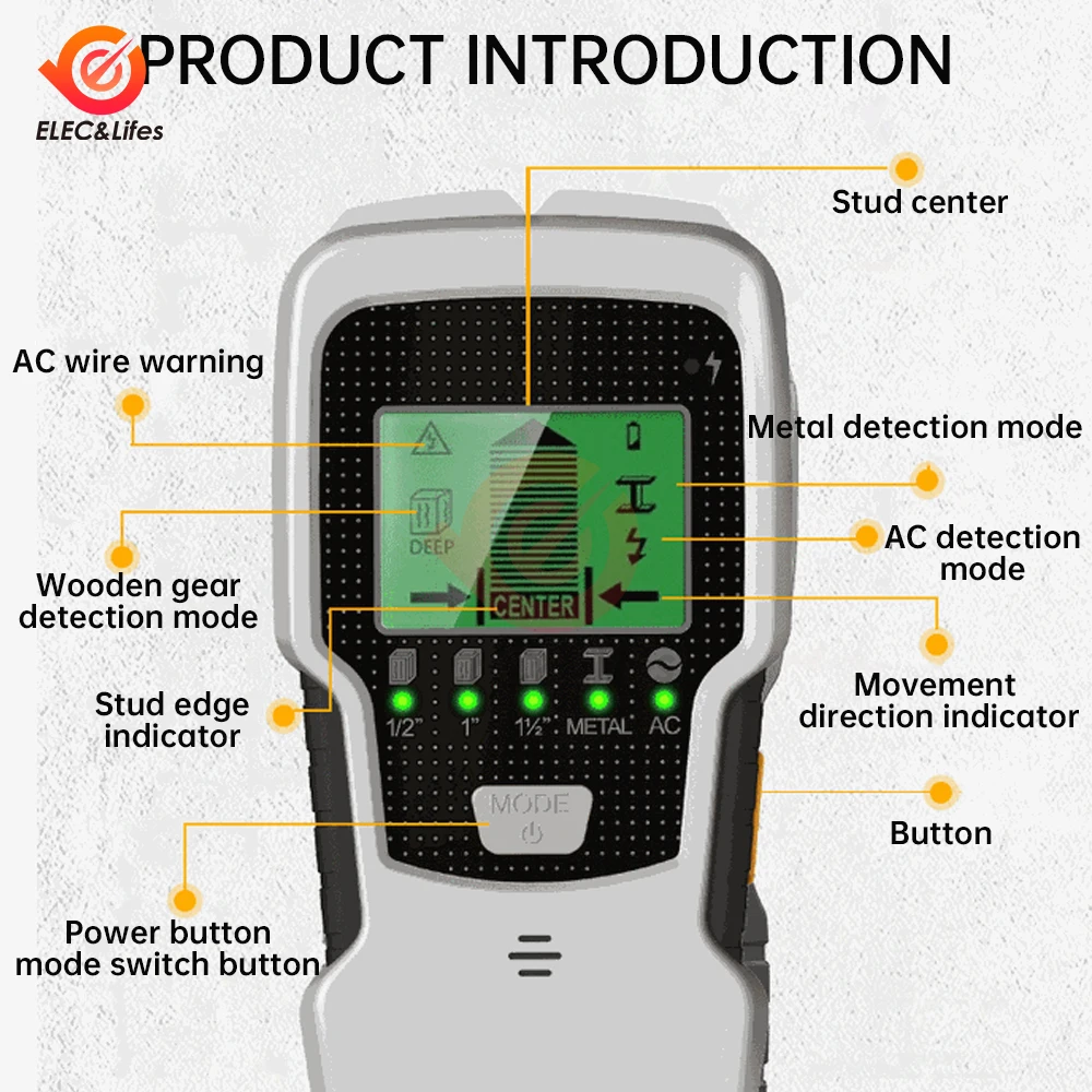 SH350 Wall Stud Finder Czujnik Skaner ścienny 5 w 1 LCD Elektroniczny detektor krawędzi Centrum drewna Prąd metalowy AC Wykrywanie przewodów na żywo