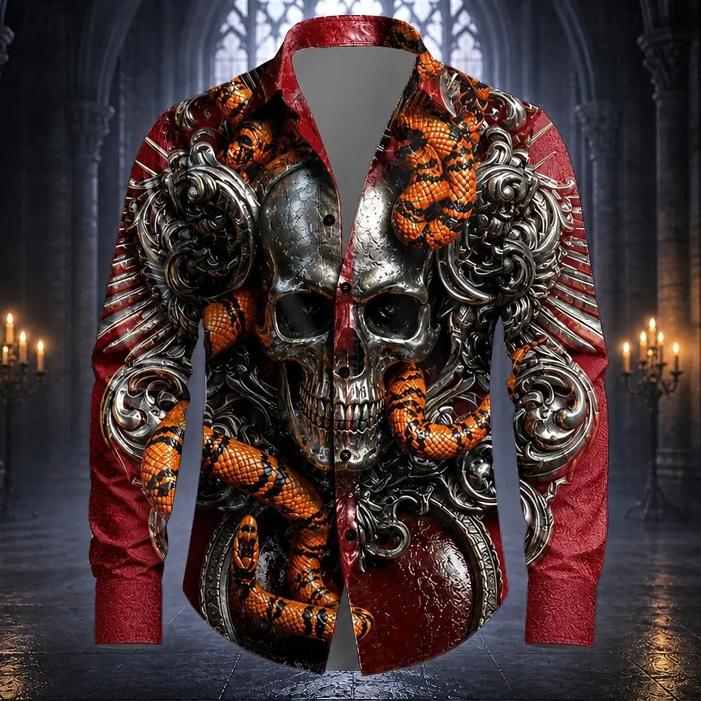 Men Gothic Snake Skull 3D Print Long Sleeve Shirt Halloween Horror Lapel Button Down Casual Unisex Tops