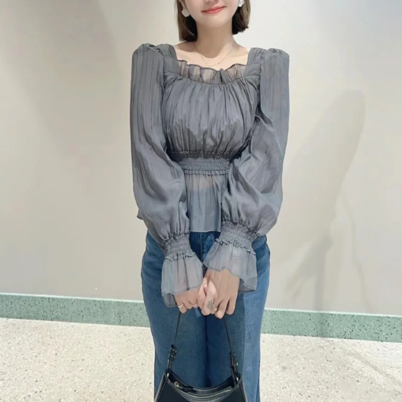 

Новый сетчатый воротник на одно плечо с пышными рукавами на талии, плиссированный топ, женская блузка весна-лето 2024, свободная повседневная блузка в японском стиле