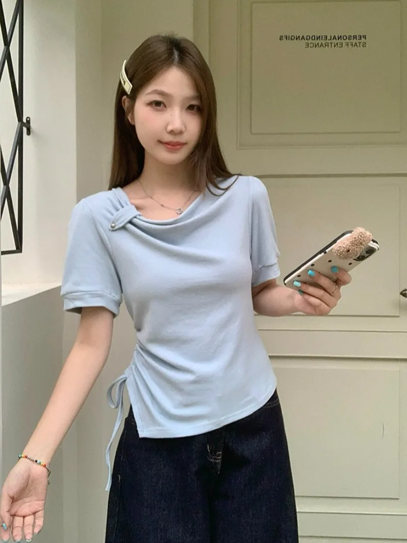 

Женская летняя футболка больших размеров с асимметричным кроем, скрывающая живот, в корейском стиле, для повседневной носки