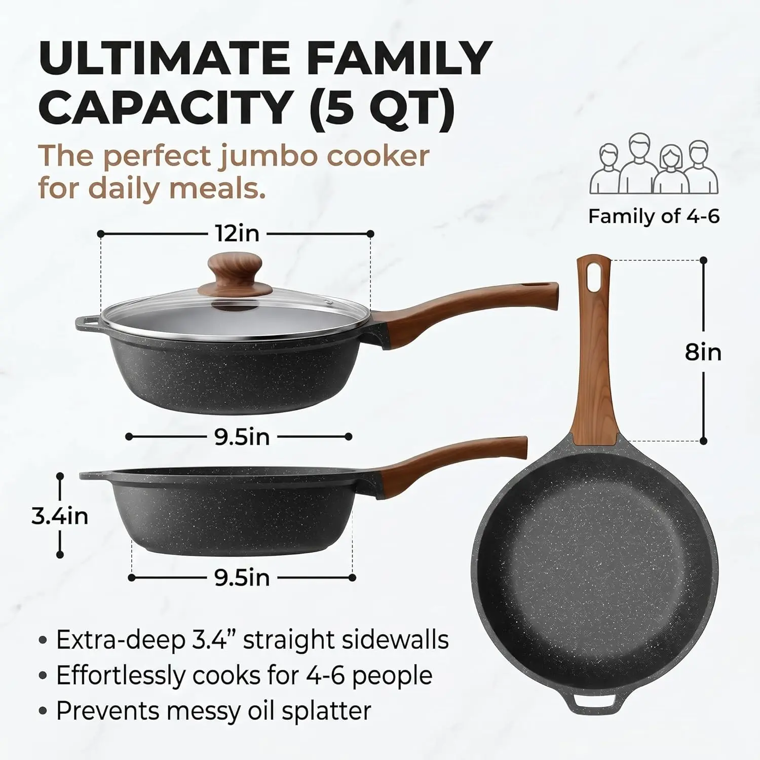 12 Inch Nonstick Skillet with Lid, 5 QT Deep Frying Pan, Granite Non Stick Saute Pan with Helper Handle