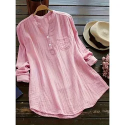 Casual Women's Button Design Blouse Plain Ladies Loose Long Sleeve Blouse V Neck Fashiongable Solid Color Long Sleeve Shirt