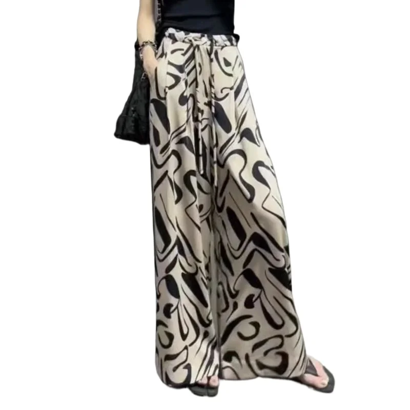 

National Wind Flower Pants Women's Fashionable Summer New Loose Slimming Straight Tube Draw Rope Design Trousers Wide Leg Pants