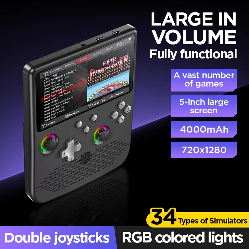 وحدة تحكم ألعاب محمولة ريترو وحدة تحكم ألعاب ريترو محمولة نظام لينكس 5.0 بوصة IPS شاشة HD مخرج 64 جيجابايت 20000 + ألعاب ريترو