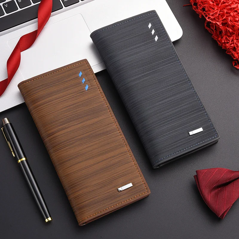 New Long Wallet Coffee Color Checkbook Style Mens Large Capacity PU Retro Long For Men With ID Window Card Slots