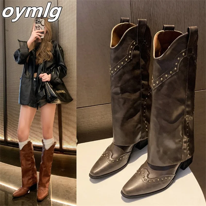 

Ковбойские сапоги с заклепками в западном стиле, женские брюки на толстом каблуке, модные сапоги, на высоком каблуке, не выше колена
