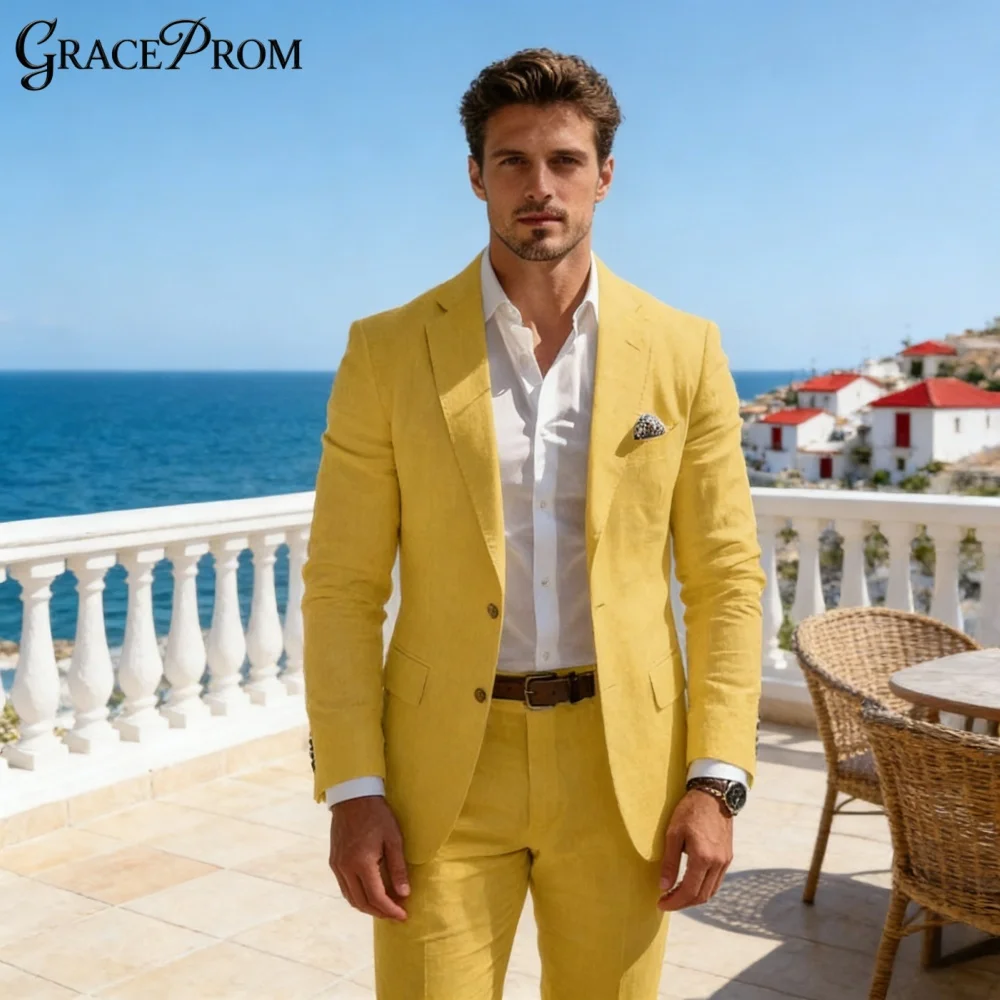 

Vibrant Yellow Linen Suit for Men Single Breasted Notch Lapel Set Perfect for Beach Weddings Events Summer Formal Occasions