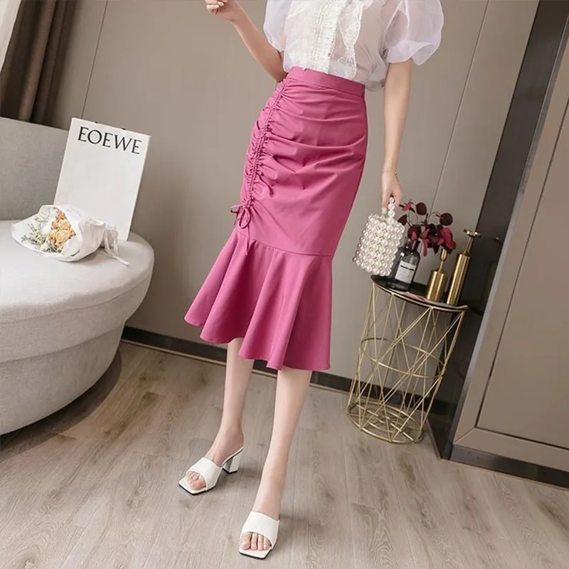 Elegant Fashion Ruffles Folds Shirring Mermaid Skirts 2023 Summer New Office Lady Commute All-match High Waist Irregular Skirts