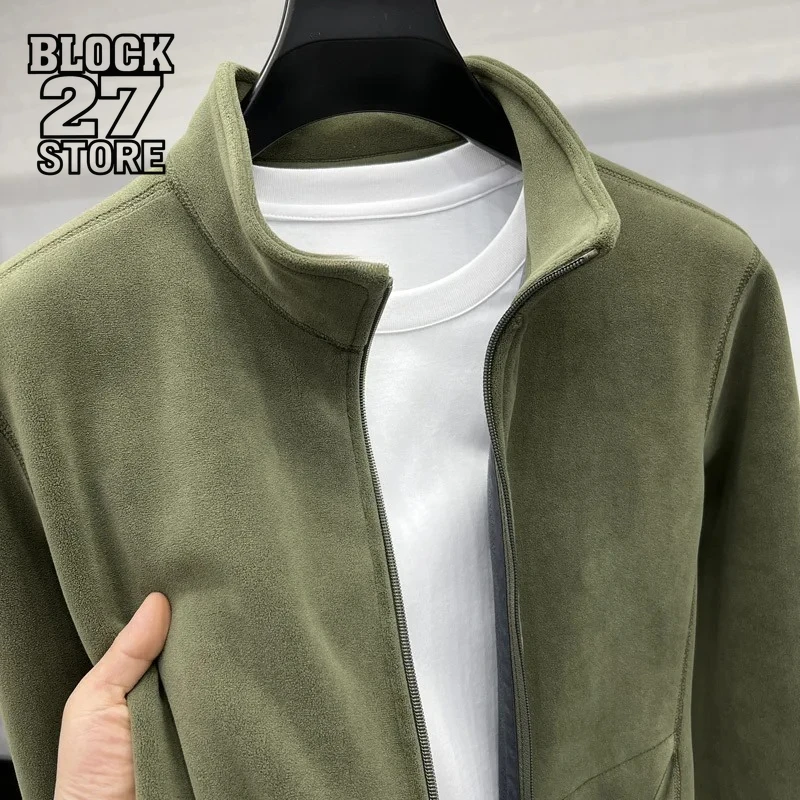 

Men's Double-Sided Fce Hoodie Jaet Pure Color Warm Stand Collar Coat Winter Thiened Polyester Long Sve Casual Sle