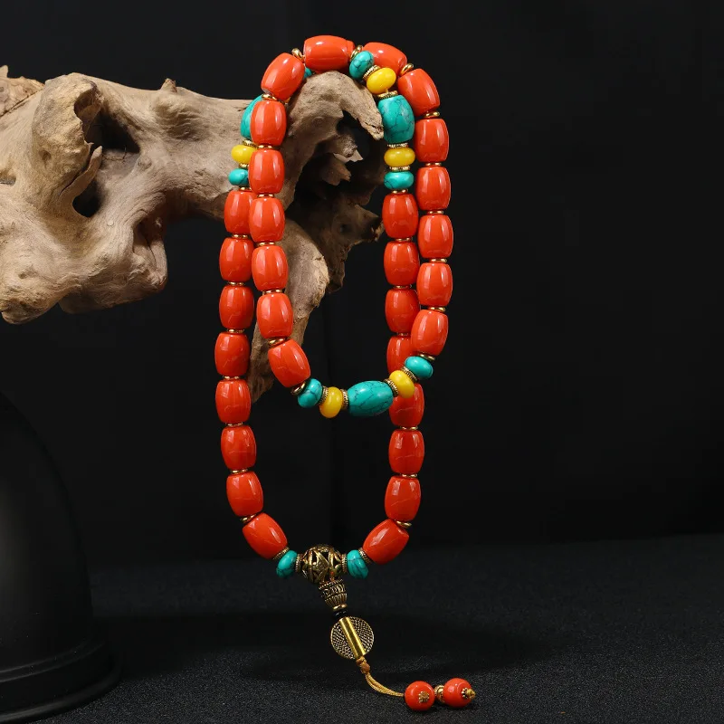 Tibetan-Style Turquoise And Coral-Colored Bracelet