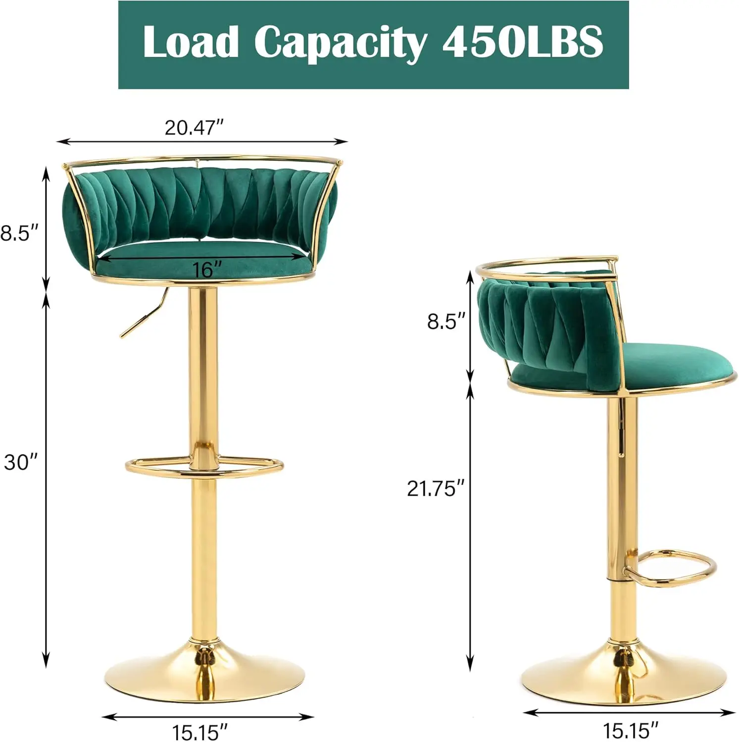 360 °   طقم كراسي بار دوارة مكونة من قطعتين، كراسي بار معدنية ذهبية مخملية قابلة للتعديل مع ظهر منسوج ومسند للقدمين، أخضر داكن