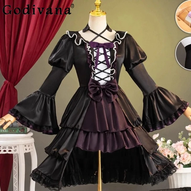 

Lolita Sweet Lace-up Cute Bow High Waist Cos Animation Dresses Spring Autumn Versatile Age-reducing Fashion Irregular Dress