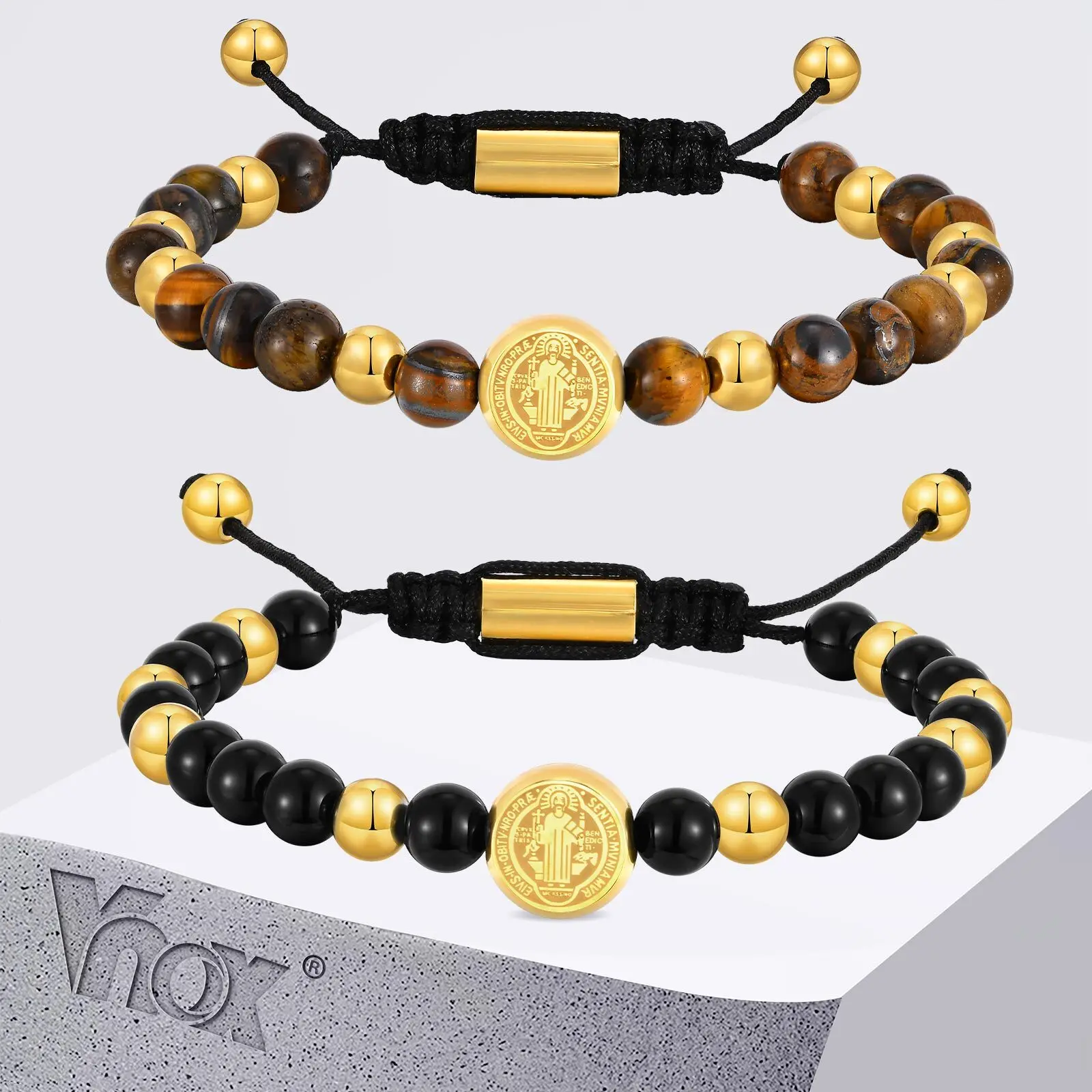 

Vnox Saint Benedict Beaded Bracelet, Adjustable Rope with Natural Stones Beads Wristband, Religious Jewelry Gifts for Men Women