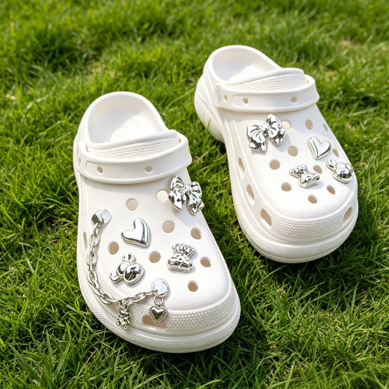 Silver Electroplated PVC Shoe Charms Bow Heart Chain Shiny DIY Hole Sandal Decor Cute Ornaments Summer Gift for Girls Women Teen