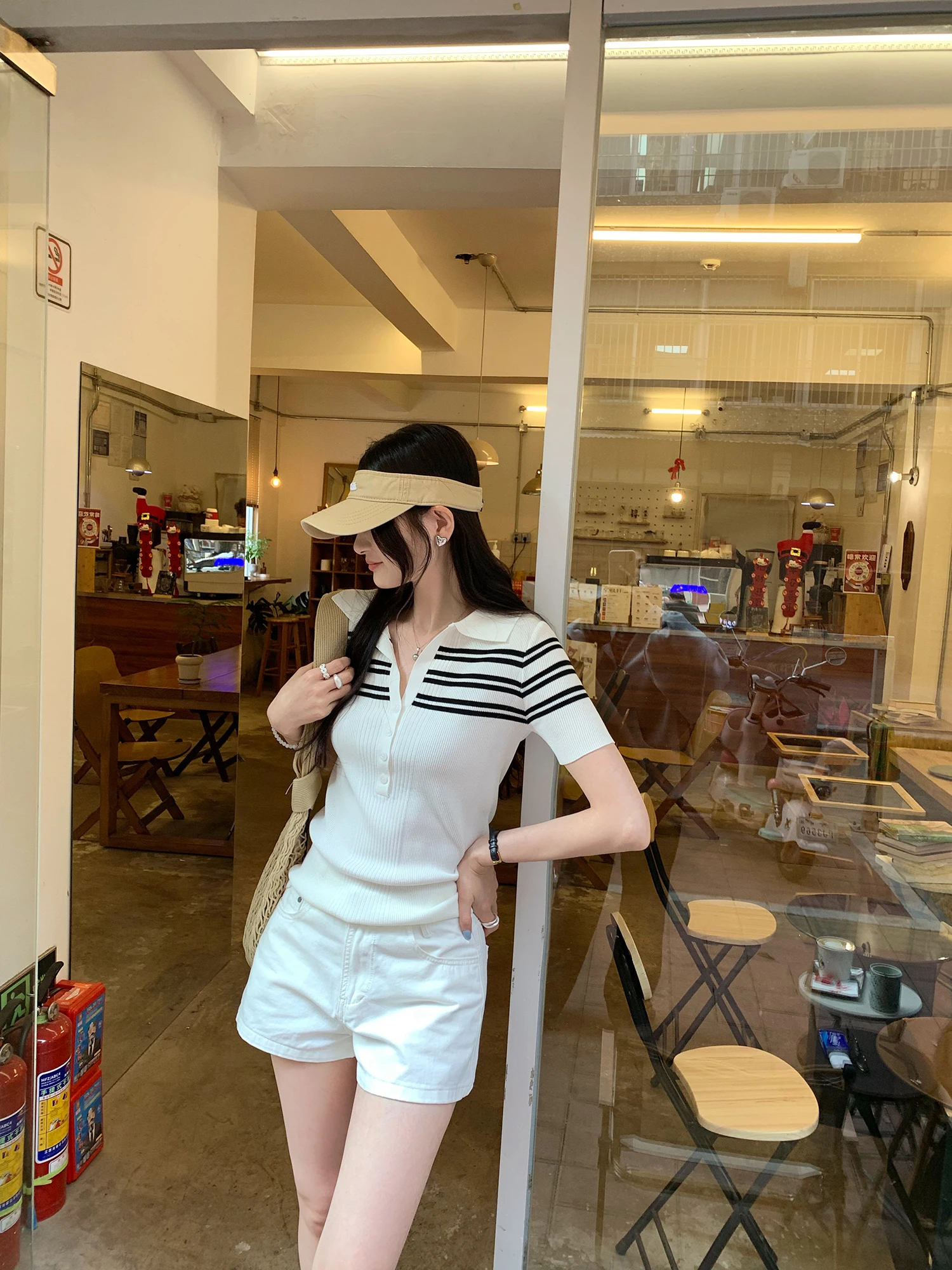 

Spring New Women's Shirt Short Sleeve Knitted Top Shoulder Stripe Splicing Turn-down Collar Slim Fit Korean Style Commute