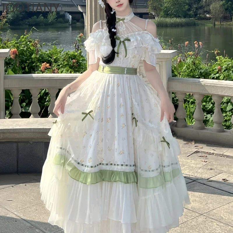 

Victorian Retro Japanese Lolita OP Dress Female Sweet Bow Ruffle Off-the-shoulder Floral Maxi Dress Elegant Princess Party Dress