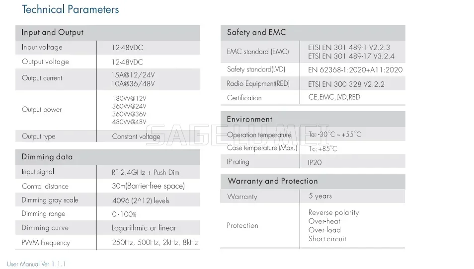 Skydance 1CH * 15A 12-48VDC DC24V 36V CV Controller، Push-Dim V1-L/P PWM 250HZ/500HZ/2KHZ/8KHZ لشريط LED أحادي اللون