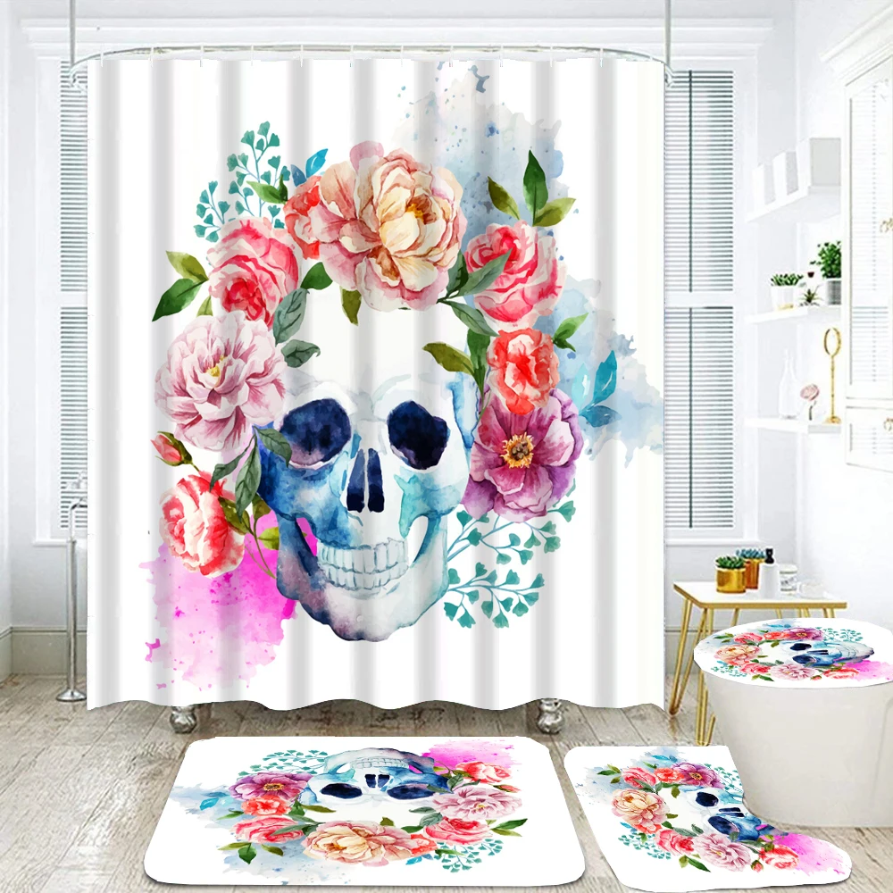 Sugar Skull Shower Curtain Set Day of The Dead Romantic Skeleton Couple Rose Bat Gothic Bathroom Curtain Bath Mat Toilet Cover