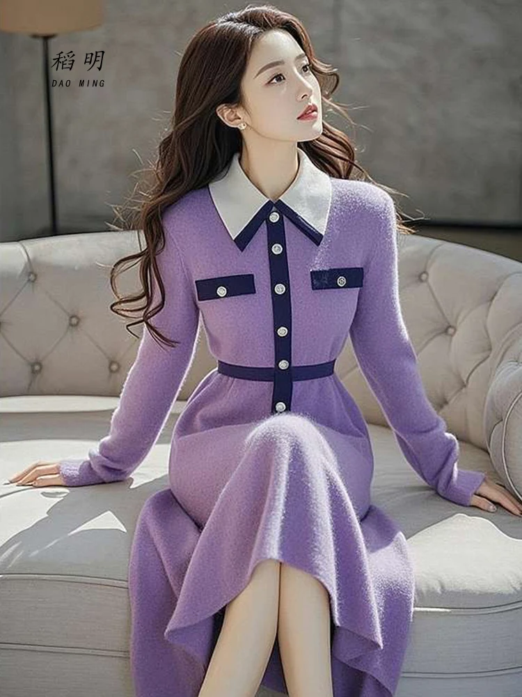 Slim Fit Malha Dr Feminino Outono Inverno Novo Design Turn-down Collar Base Camada Suéter Longo Dr Faionable Cintura Alta