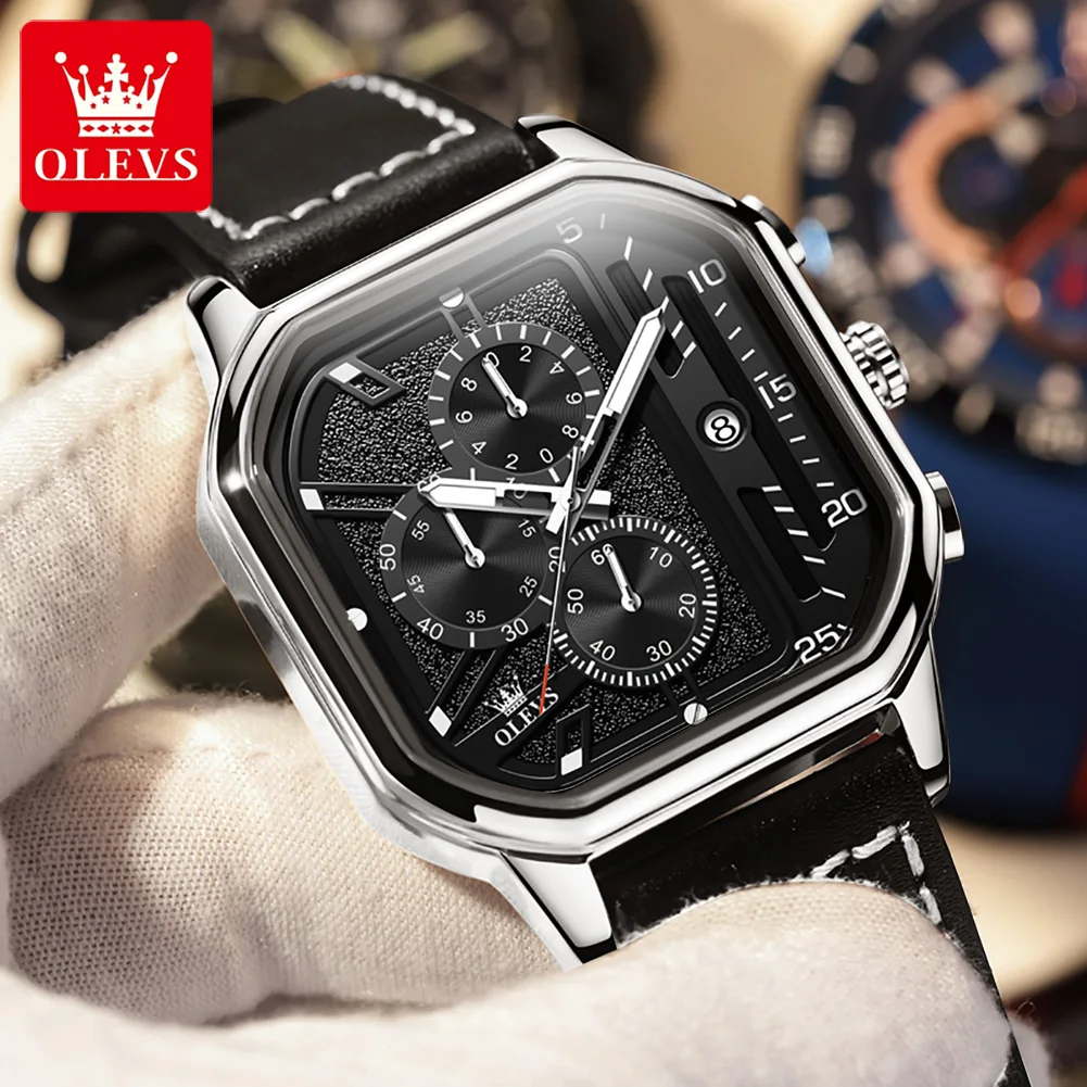 OLEVS 9950 Quartz Watch for Men Waterproof Luminous Leather Strap Chronograph Clock Man TOP Brand Original Wristwatch Male