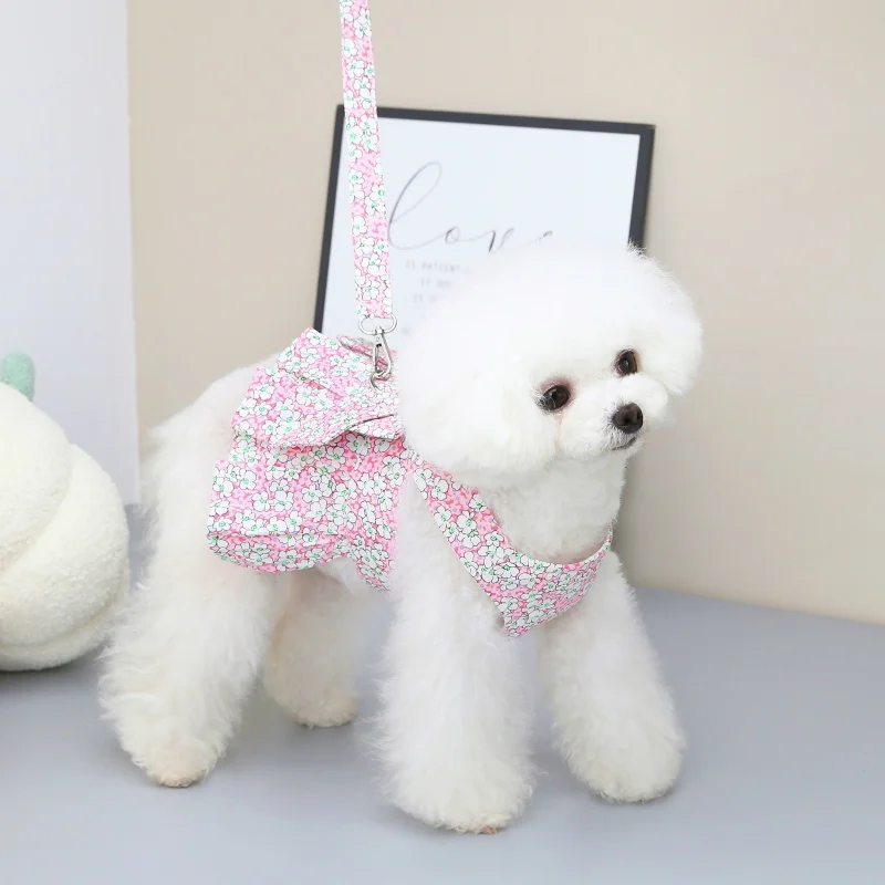 Cute Princess Pet Clothes Puppy Dress Dog Dresses Doggie Outfits Dog Harness Dress with Leash Set Cat Apparel