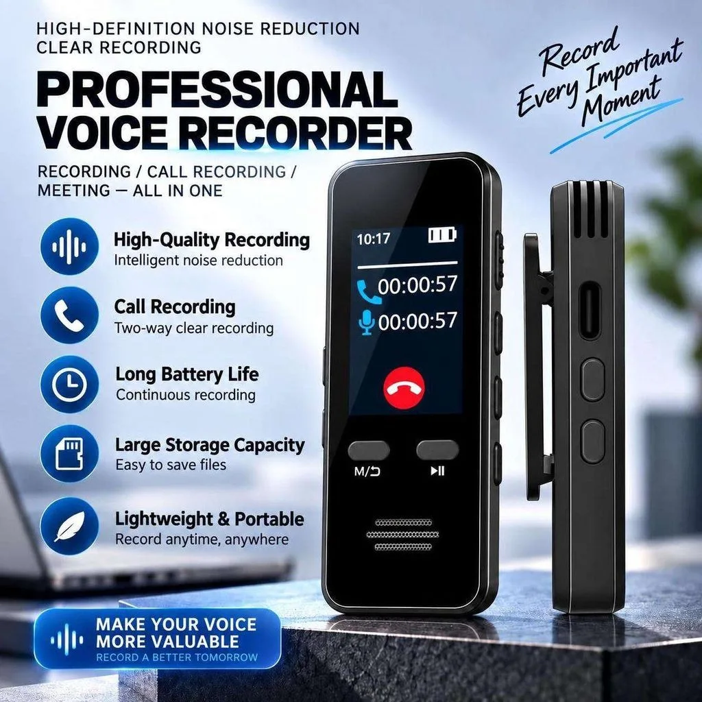 Registratore Vocale Digitale Nero con Schermo HD, Registrazione Chiamate, Riproduzione Audio Senza Perdita, Dispositivo Portatile con Clip per Registrazione Audio a Lunga Durata