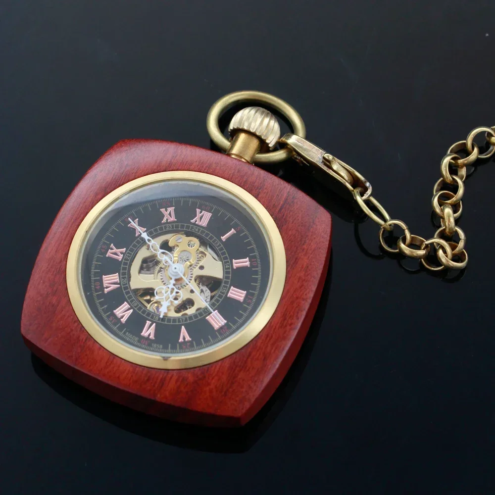 NEW Vintage Watch Hand Winding Mechanical Pocket Watch Luxury Red Wooden Design Half Hunter Pocket Clock Gifts for Men Women