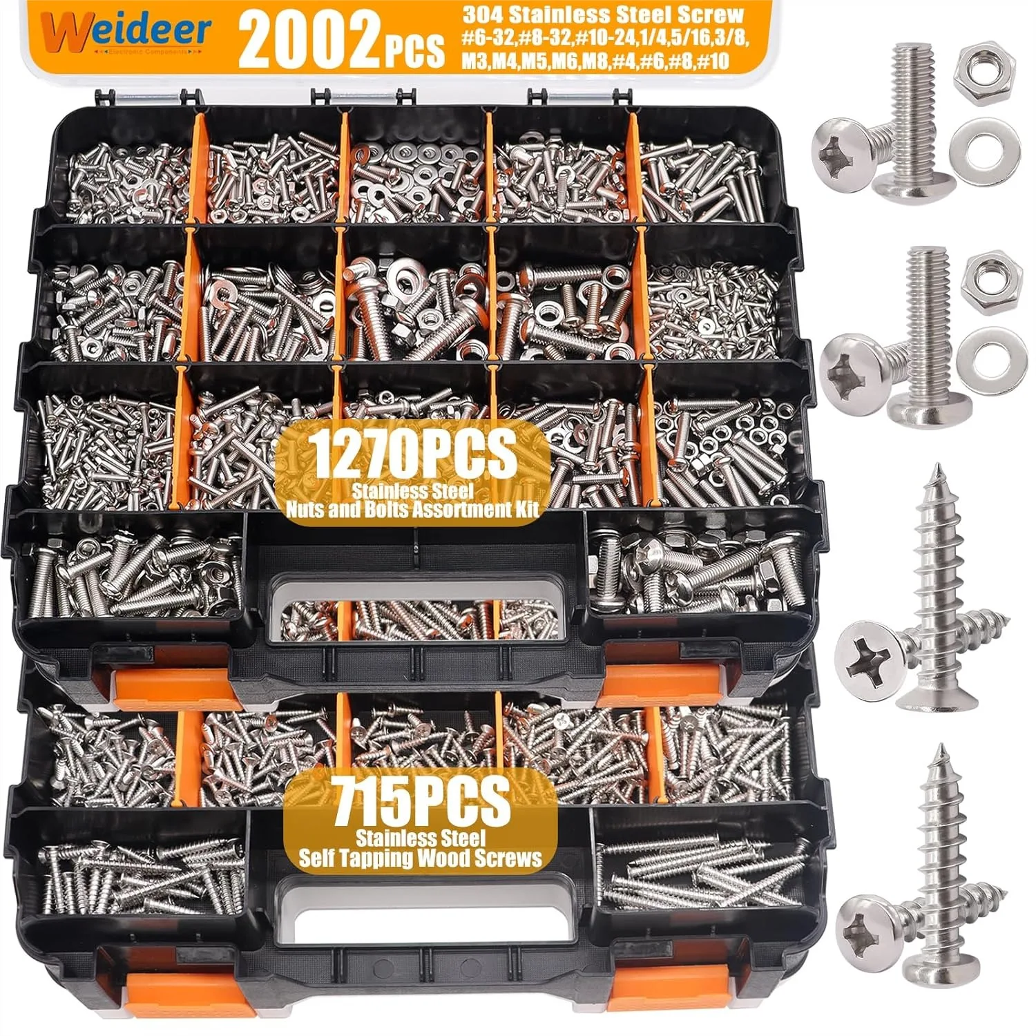 

2002PCS Hardware Assortment Kit, 304 Stainless Steel Metric & SAE Screws Nuts Bolts Washers, Double Sided Organizer Box