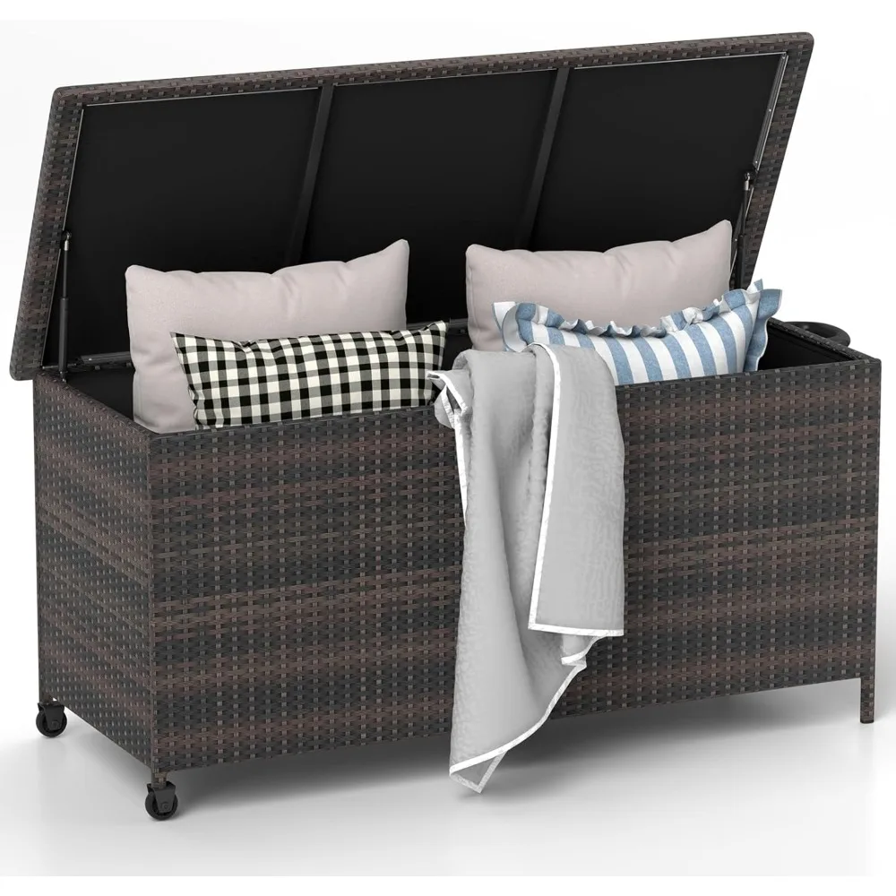 

85 gallon wheeled deck box, wicker storage box with waterproof lining and gas support for terrace mats