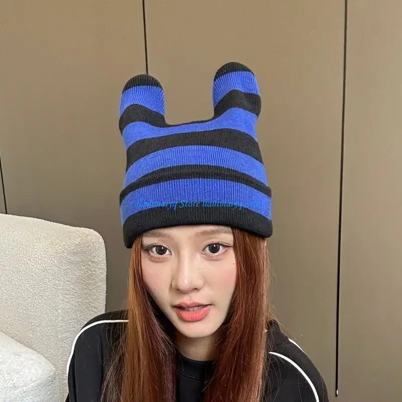 

573B Handmade Crochet Stripe Cap Outdoor Activity Hat Ear Beanie Sport Headdress