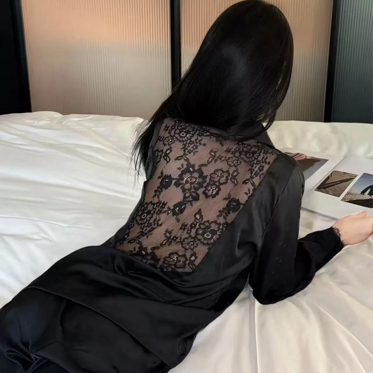Spring Summer Pajamas Suit Long Sleeve Shirt Trousers Pyjamas Lingerie Women Lace V-Neck Sleepwear Rayon Nightwear Home Clothes