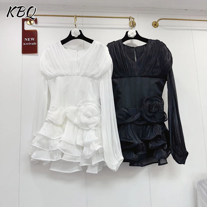 

KBQ Solid Spliced Appliques Chic Tunic Short Dresses for Women V Neck Long Sleeve High Waist Temperament Dress Female Summer New