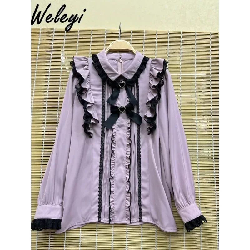 Jirai Kei Sweet Rojita Shirt top donna moda giapponese 2024 Summer Mine Mass product Doll Collar Bow camicie di pizzo a forma di cuore