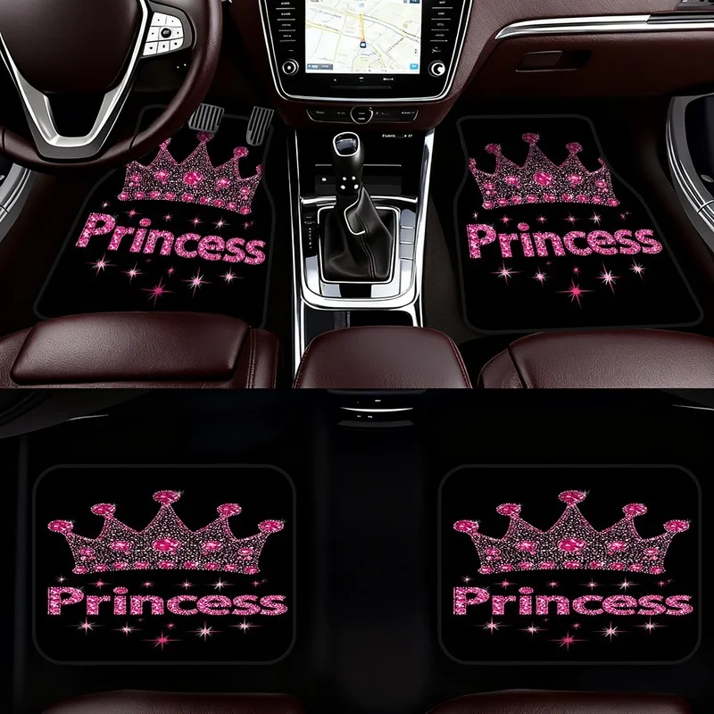 4Pcs Universal Car Floor Mats, Pink Crystal Crown Princess Design, For Girls Women