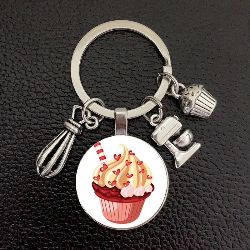 New Cake Cup Pendant Keychain Fashion Cute Dessert Glass Cabochon Metal Pendant Birthday Cake Shop Handmade Gift For Customers