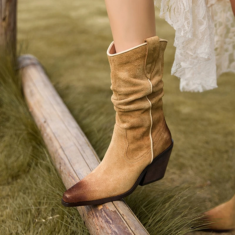 Novo outono botas femininas sapatos de couro de camurça de vaca para mulheres dedo do pé apontado sapatos de salto grosso deslizamento-em botas de couro dividido botas ocidentais