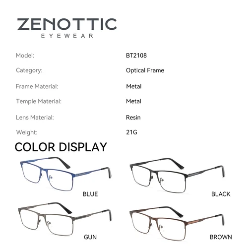 Imagen 2 del producto Gafas graduadas de aleación ZENOTTIC para hombre, gafas cuadradas antiluz azul para ordenador, gafas fotocromáticas para miopía de alta calidad