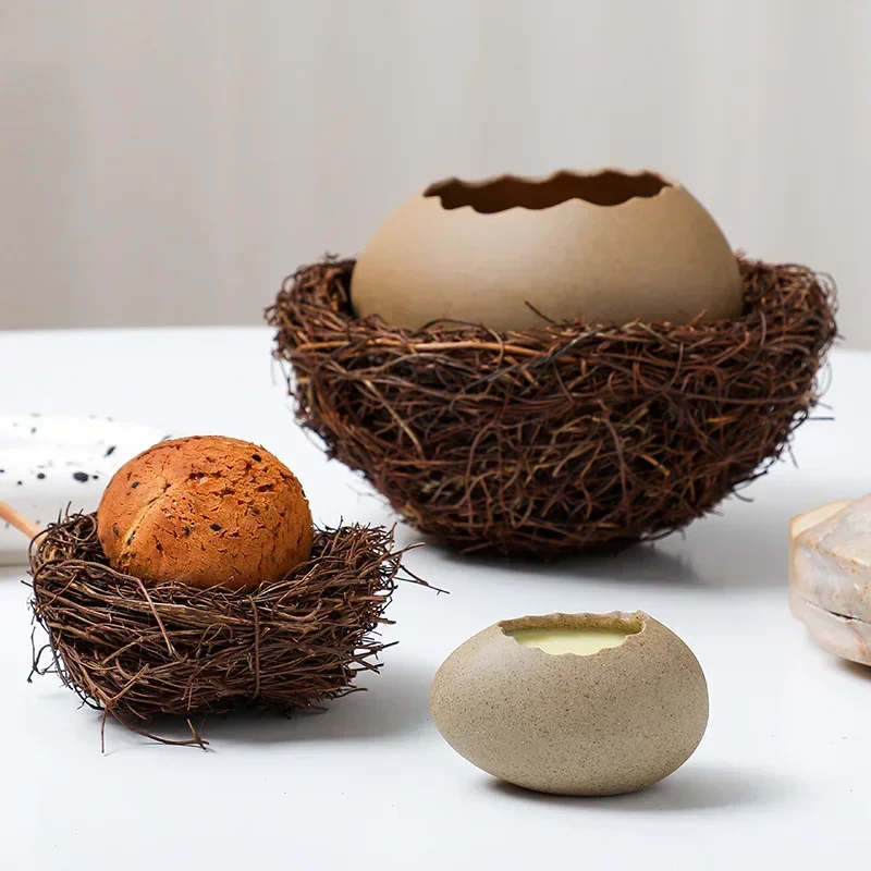 Creative Dessert Bowl Noodle Bowl Hydroponic Egg Shell Ostrich Vase Cute With Nest Home Decoration Modern Simple Ceramic Craft