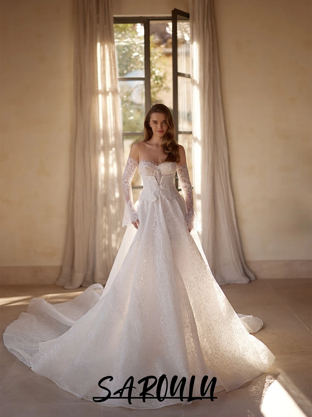 Sparkling Delicate Two Pieces Wedding Dress With Corset Train Gorgeous Sweetheart Neck Beaded Lace Customized Women Bridal Gown