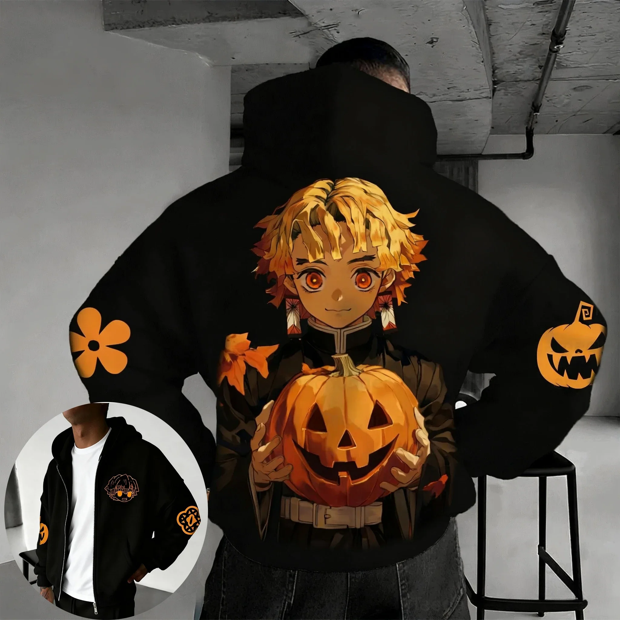 

Demon Slayer Хэллоуин плюс размер толстовка на молнии мужская осень/зима новый Agatsuma Zenitsu аниме принт повседневный свободный свитер топ