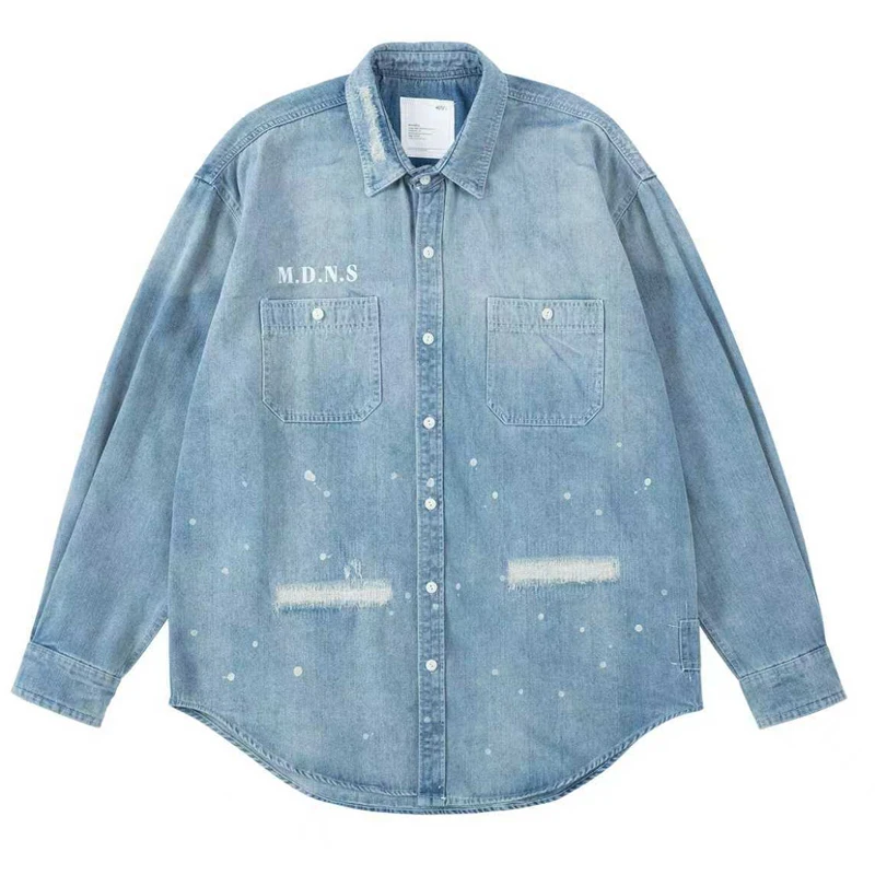 Japanese Streetwear MADNESS Denim Shirt High Quality Men's Women's Do Old Ripped Casual Shirts