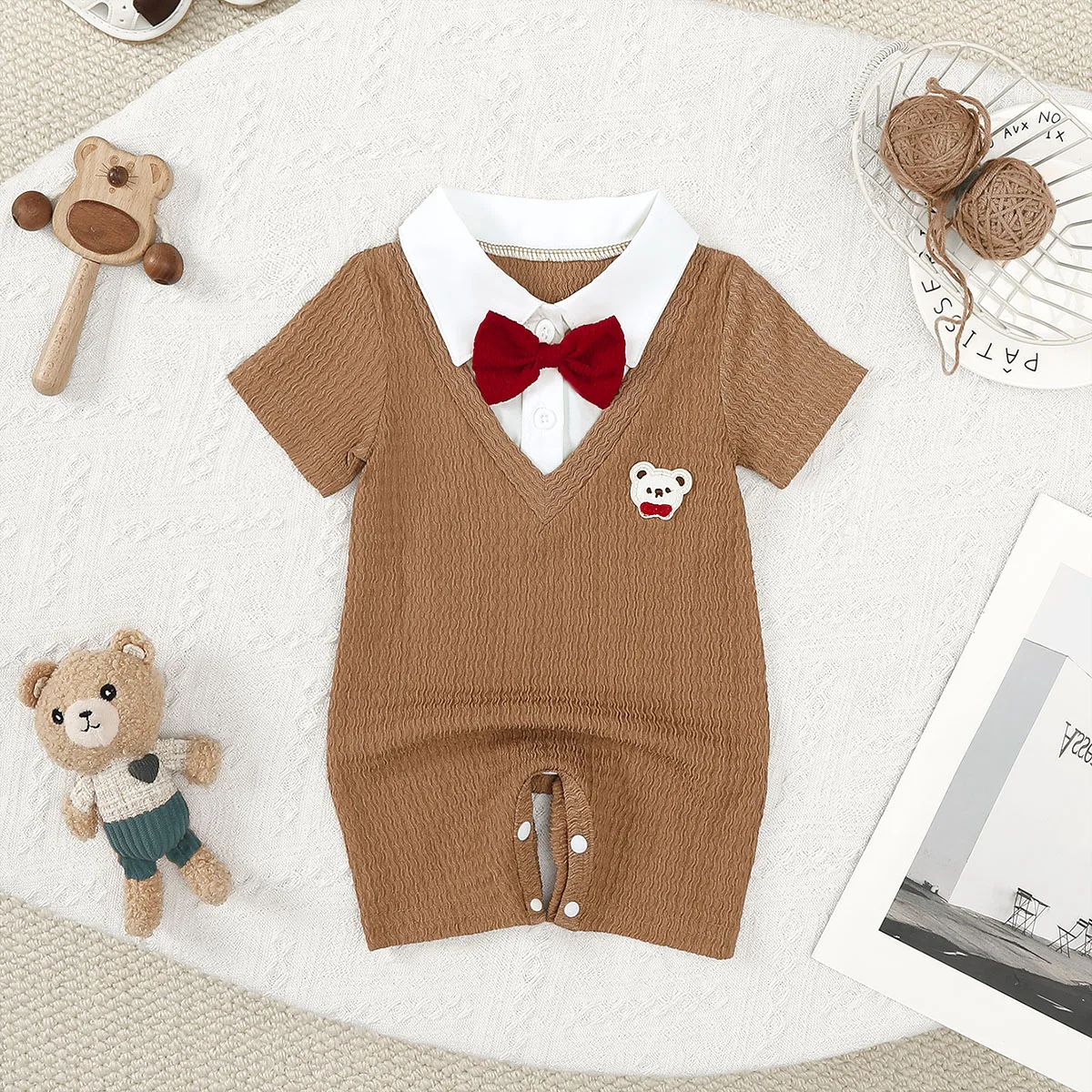 0-18 Month Baby Boy Bodysuit Collar Bow Color Blocking, Cute Little Bear Jumpsuit Summer Newborn Baby Boy Short Sleeved Jumpsuit